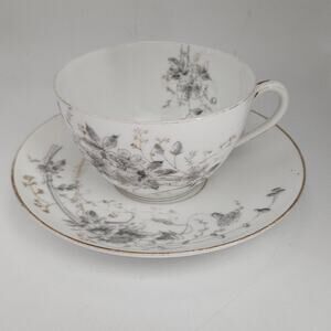 Antique Limoges France Cup & Saucer Floral Black Gray Gold Trim Porcelain Set
